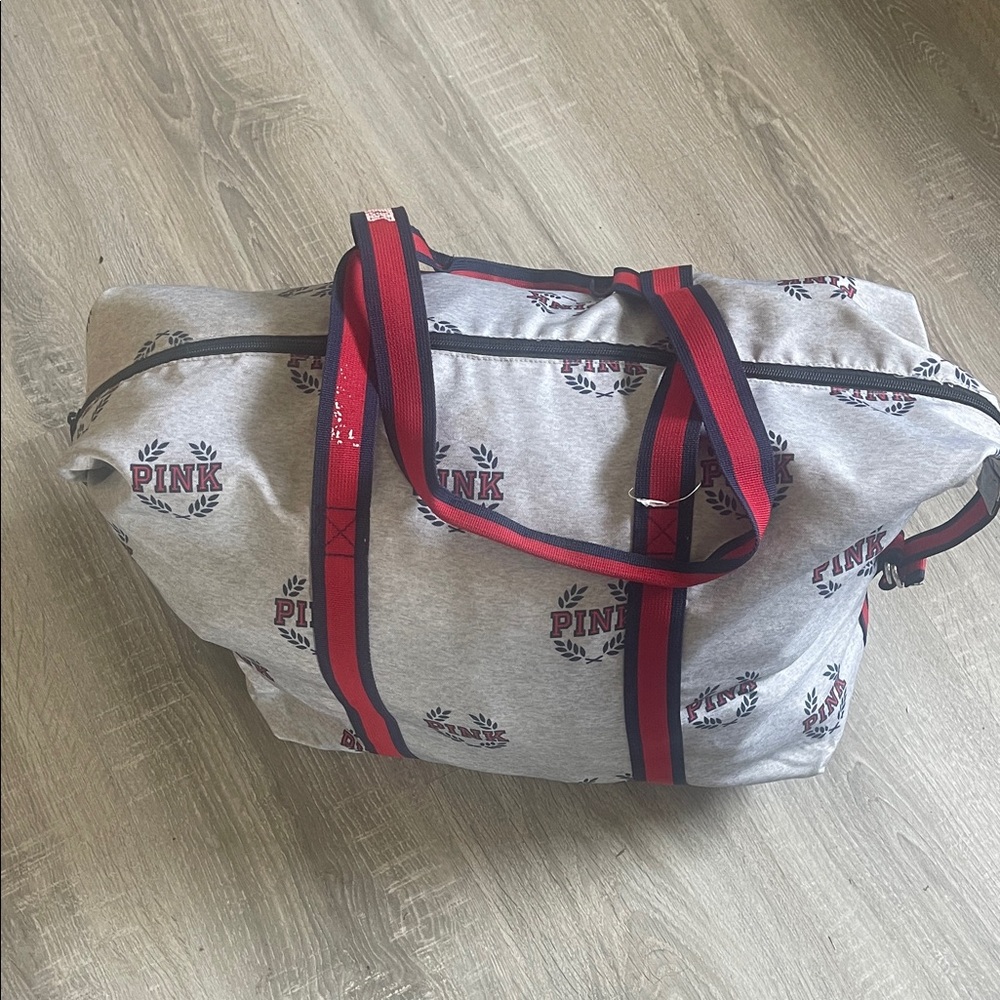 PINK Victoria's Secret Gray Logo Weekend Tote with Red & Navy Straps
